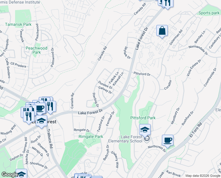 map of restaurants, bars, coffee shops, grocery stores, and more near 26062 Dundee Drive in Lake Forest