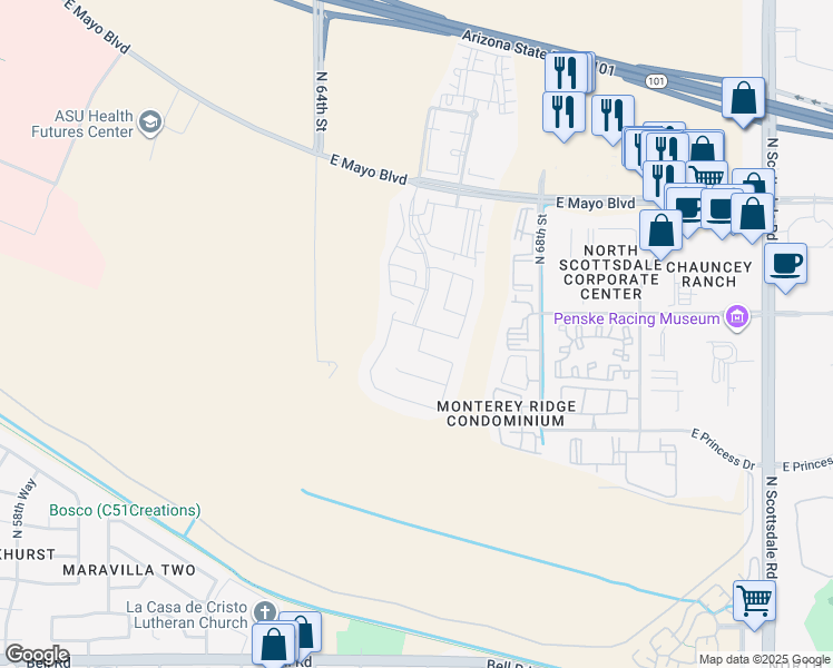 map of restaurants, bars, coffee shops, grocery stores, and more near 18116 North 66th Place in Phoenix