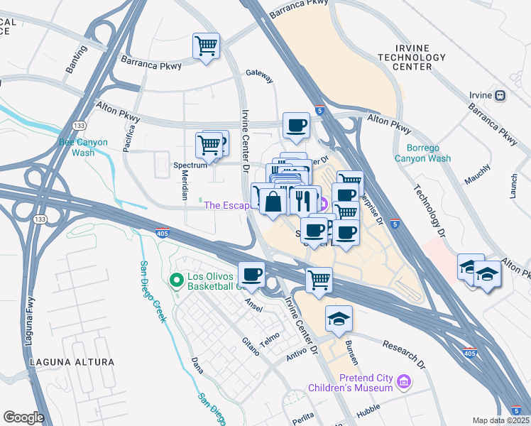 map of restaurants, bars, coffee shops, grocery stores, and more near 71 Spectrum Center Drive in Irvine