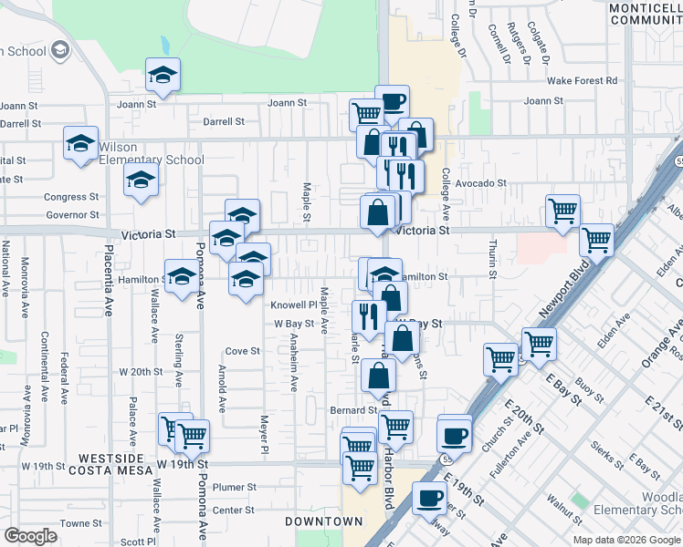 map of restaurants, bars, coffee shops, grocery stores, and more near 546 Hamilton Street in Costa Mesa