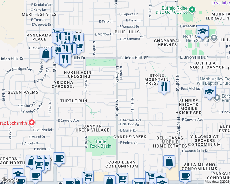 map of restaurants, bars, coffee shops, grocery stores, and more near 1124 East Villa Rita Drive in Phoenix