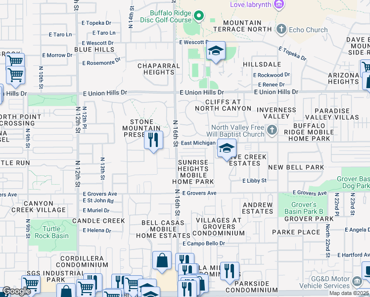 map of restaurants, bars, coffee shops, grocery stores, and more near 1628 East Villa Rita Drive in Phoenix