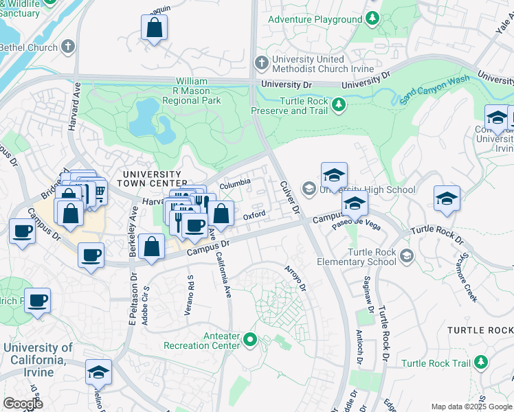 map of restaurants, bars, coffee shops, grocery stores, and more near 43 Oxford in Irvine