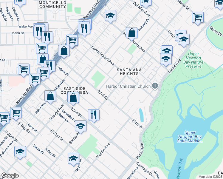 map of restaurants, bars, coffee shops, grocery stores, and more near 280 Pacific Crest Drive in Costa Mesa