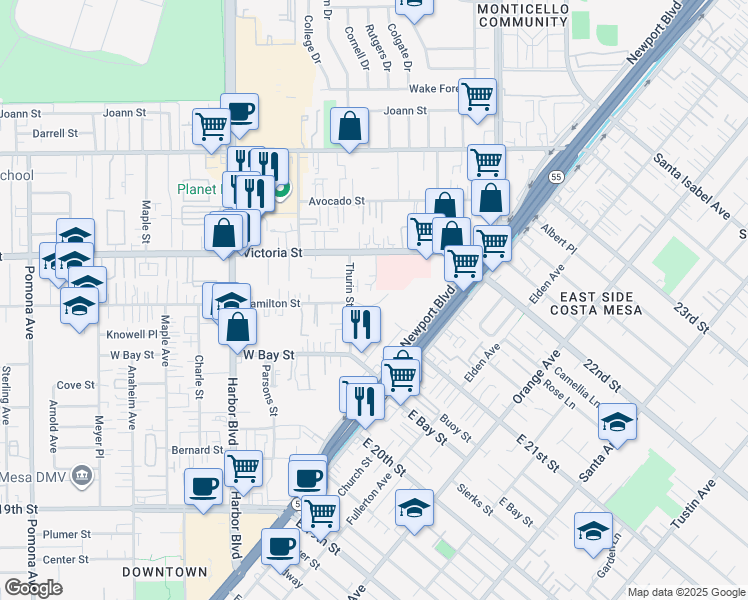 map of restaurants, bars, coffee shops, grocery stores, and more near 336 Hamilton Street in Costa Mesa