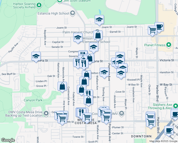 map of restaurants, bars, coffee shops, grocery stores, and more near 790 Hamilton Street in Costa Mesa
