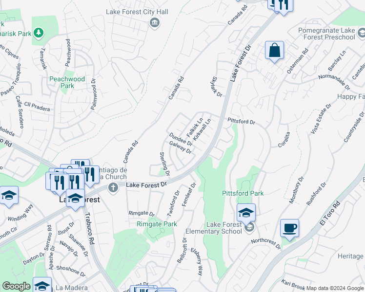 map of restaurants, bars, coffee shops, grocery stores, and more near 26021 Galway Drive in Lake Forest