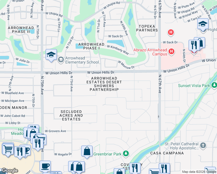 map of restaurants, bars, coffee shops, grocery stores, and more near 7026 West Wagoner Road in Glendale