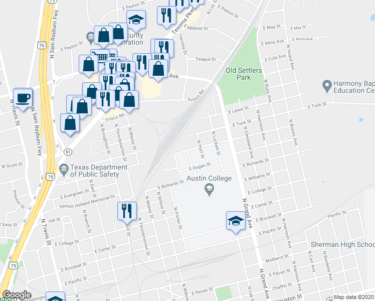 map of restaurants, bars, coffee shops, grocery stores, and more near 1203 East Dorchester Street in Sherman