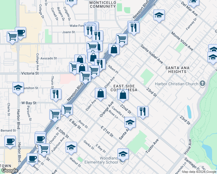 map of restaurants, bars, coffee shops, grocery stores, and more near in Costa Mesa
