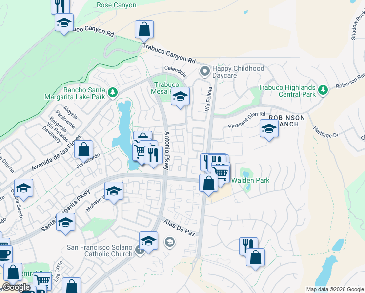 map of restaurants, bars, coffee shops, grocery stores, and more near in Rancho Santa Margarita
