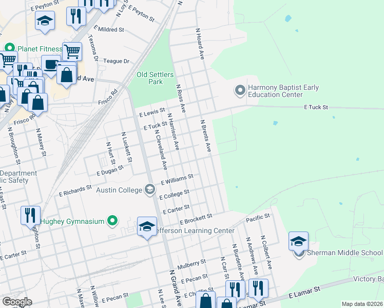 map of restaurants, bars, coffee shops, grocery stores, and more near 1109 North Harrison Avenue in Sherman