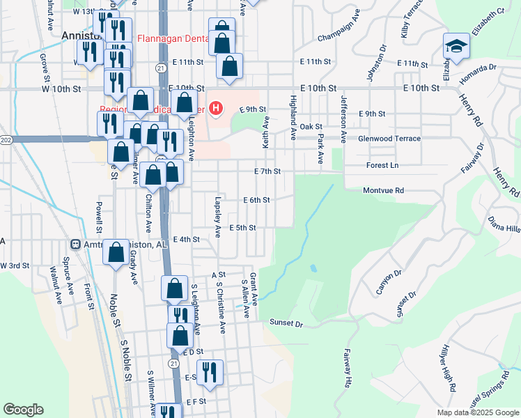 map of restaurants, bars, coffee shops, grocery stores, and more near 521 Knox Avenue in Anniston