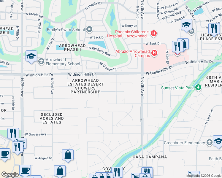 map of restaurants, bars, coffee shops, grocery stores, and more near 6844 West Wagoner Road in Glendale
