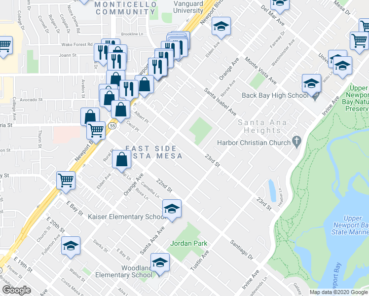 map of restaurants, bars, coffee shops, grocery stores, and more near 230 Albert Place in Costa Mesa