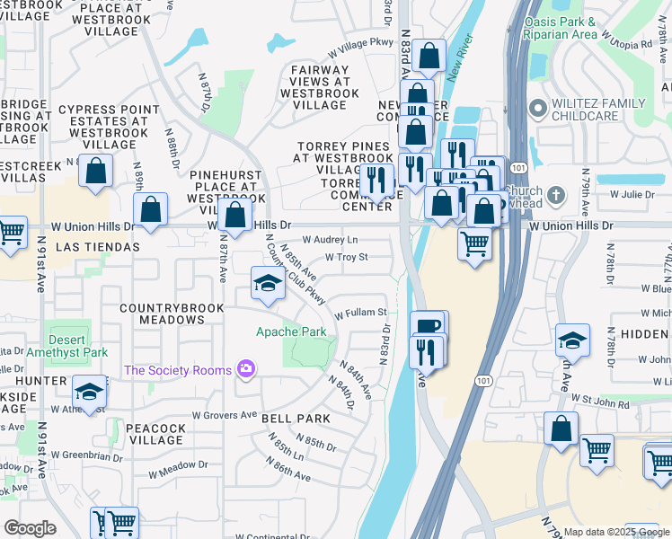 map of restaurants, bars, coffee shops, grocery stores, and more near 8414 West Bluefield Avenue in Peoria