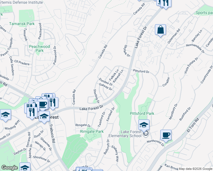 map of restaurants, bars, coffee shops, grocery stores, and more near 26021 Galway Drive in Lake Forest