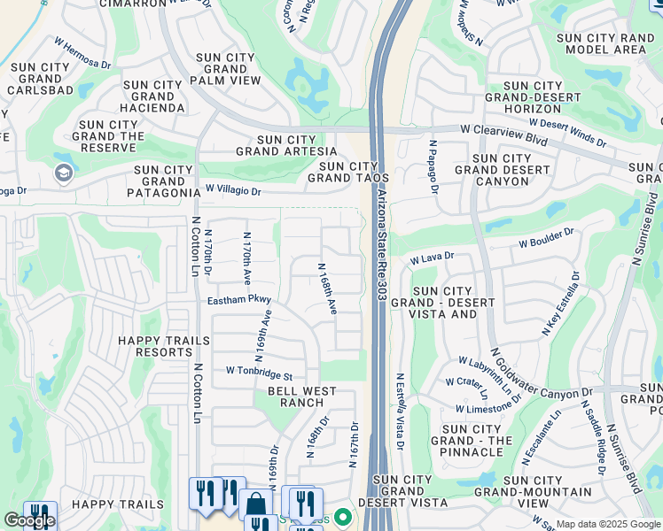 map of restaurants, bars, coffee shops, grocery stores, and more near 16776 West Aberdeen Drive in Surprise