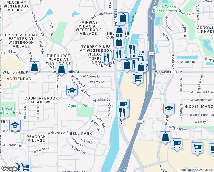 map of restaurants, bars, coffee shops, grocery stores, and more near 8342 West Bluefield Avenue in Peoria