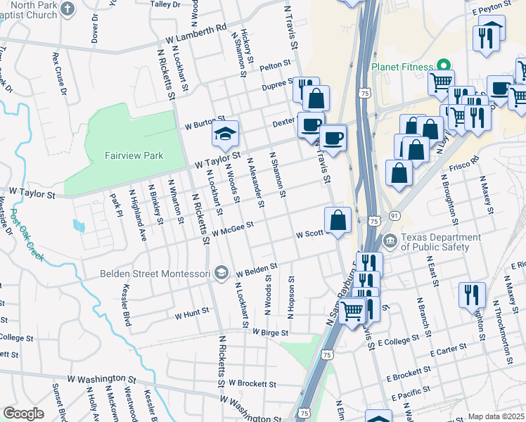 map of restaurants, bars, coffee shops, grocery stores, and more near 1607 North Alexander Street in Sherman