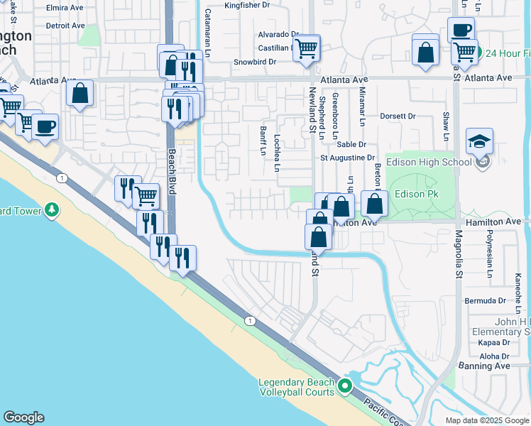 map of restaurants, bars, coffee shops, grocery stores, and more near 8318 Noelle Drive in Huntington Beach
