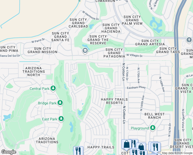 map of restaurants, bars, coffee shops, grocery stores, and more near 18356 North Mule Skinner in Surprise