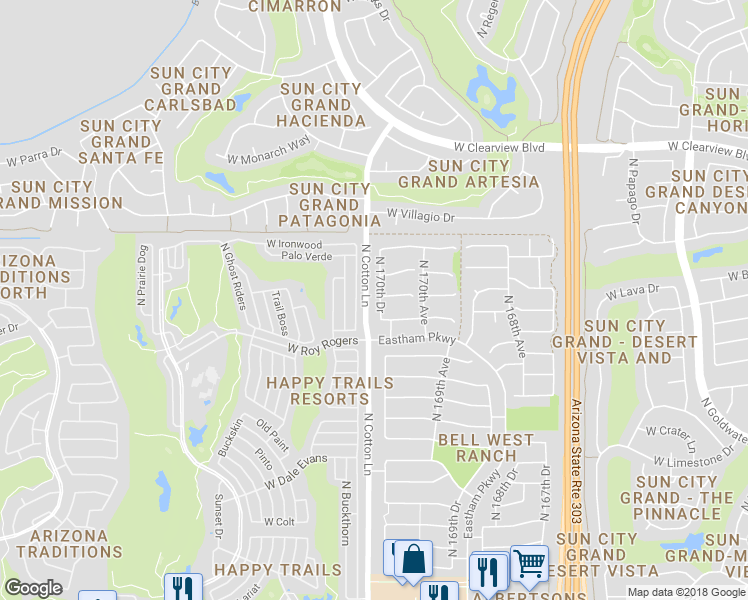 map of restaurants, bars, coffee shops, grocery stores, and more near 18266 North 170th Lane in Surprise