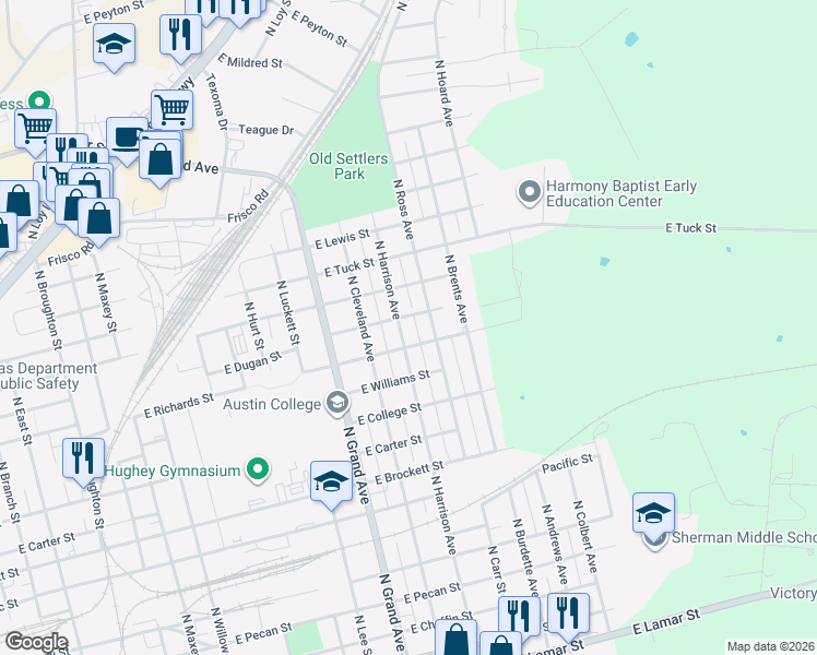 map of restaurants, bars, coffee shops, grocery stores, and more near 1109 N Harrison Ave in Sherman