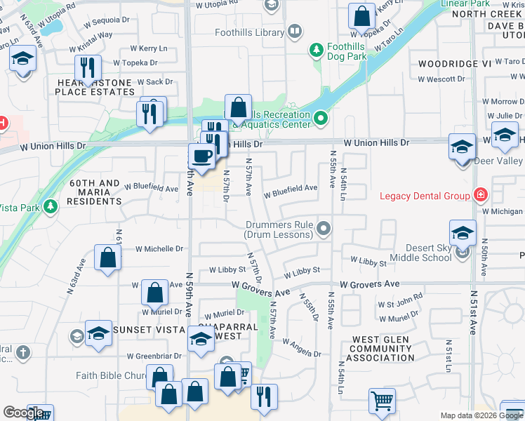 map of restaurants, bars, coffee shops, grocery stores, and more near 18222 North 56th Lane in Glendale