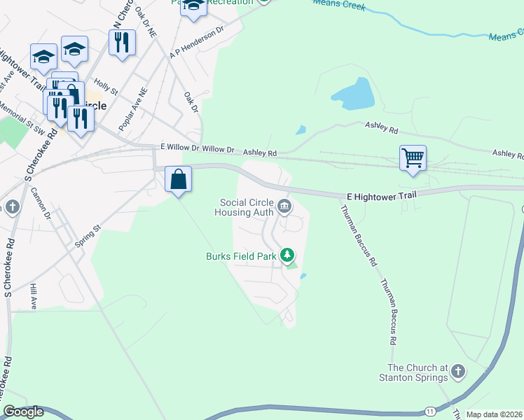 map of restaurants, bars, coffee shops, grocery stores, and more near 319 Dove Point in Social Circle