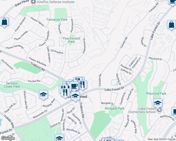 map of restaurants, bars, coffee shops, grocery stores, and more near 25881 Orchard Rim Lane in Lake Forest