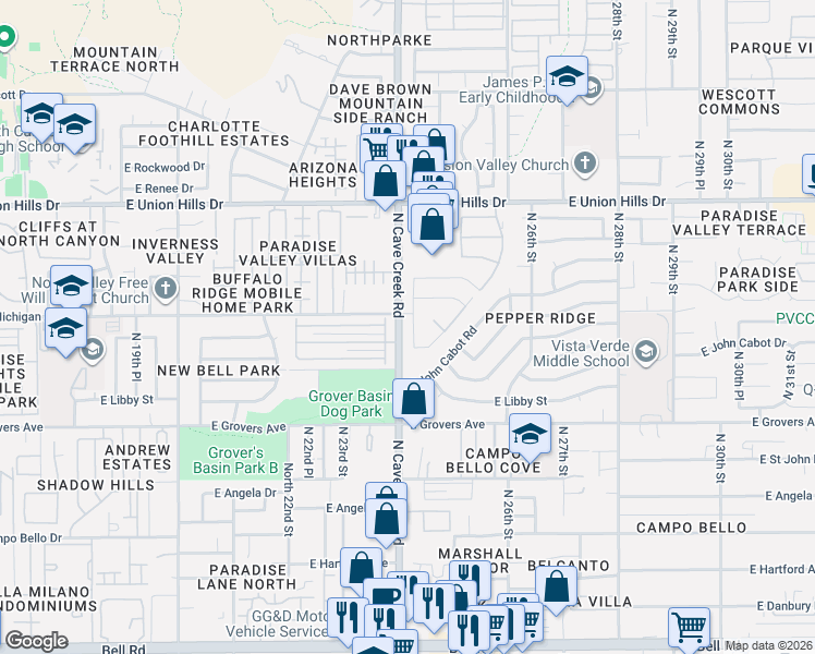 map of restaurants, bars, coffee shops, grocery stores, and more near 18036 North 24th Place in Phoenix