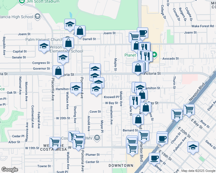 map of restaurants, bars, coffee shops, grocery stores, and more near 610 Hamilton Street in Costa Mesa