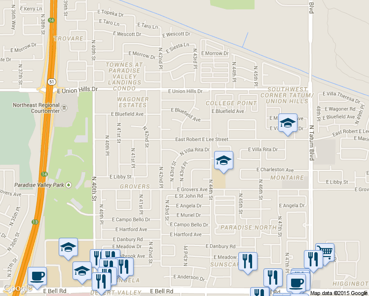 map of restaurants, bars, coffee shops, grocery stores, and more near 18036 North 43rd Street in Phoenix