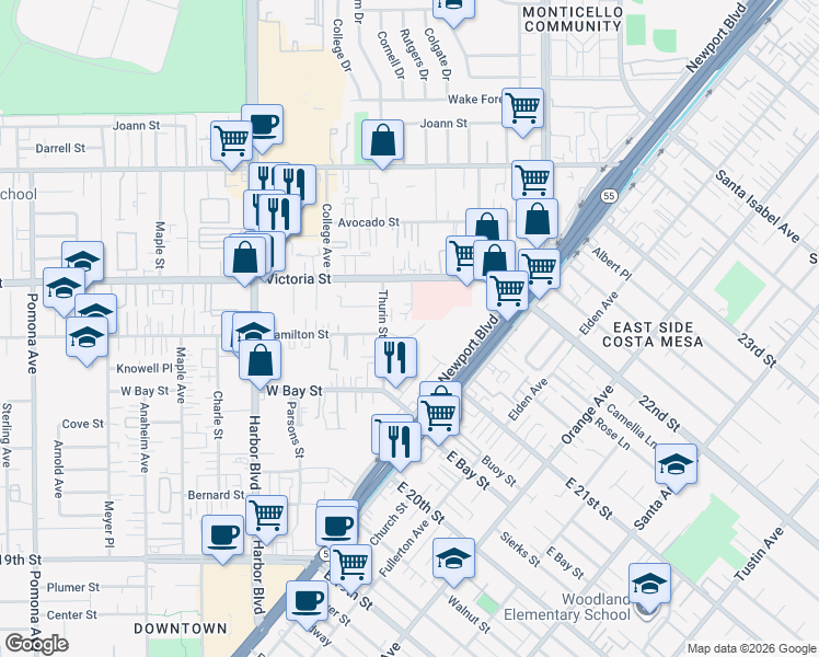 map of restaurants, bars, coffee shops, grocery stores, and more near 326 Hamilton Street in Costa Mesa