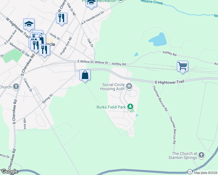map of restaurants, bars, coffee shops, grocery stores, and more near 606 Dove Cove in Social Circle