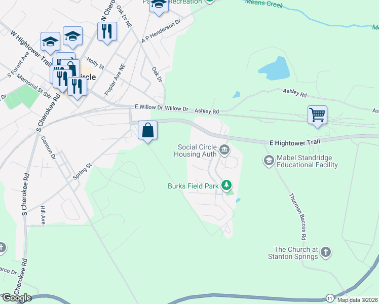 map of restaurants, bars, coffee shops, grocery stores, and more near 334 Dove Point in Social Circle