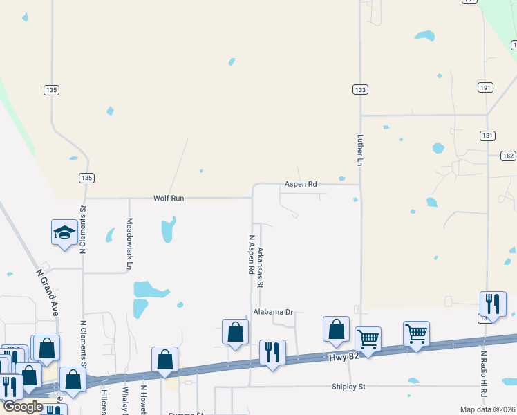 map of restaurants, bars, coffee shops, grocery stores, and more near 2208 North Aspen Road in Gainesville