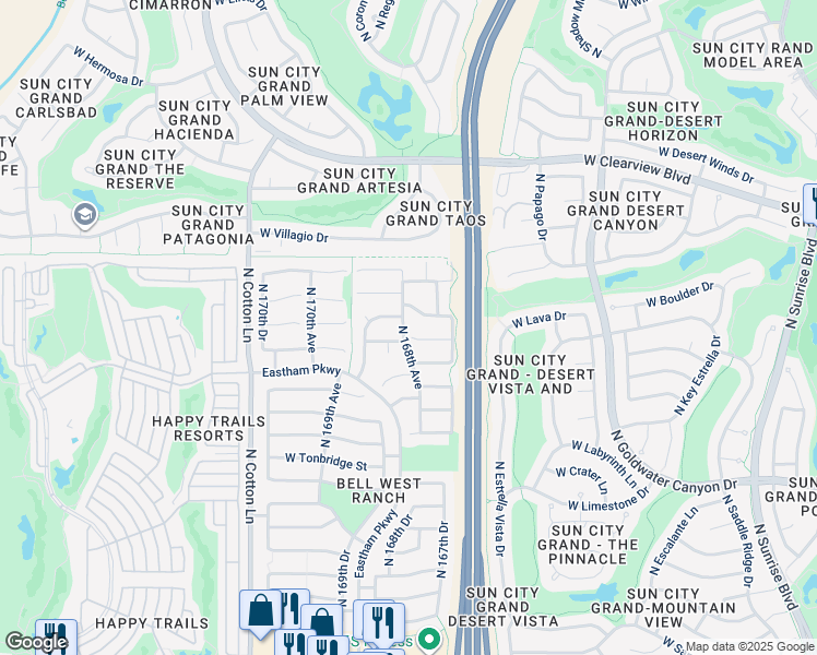 map of restaurants, bars, coffee shops, grocery stores, and more near 16784 West Aberdeen Drive in Surprise