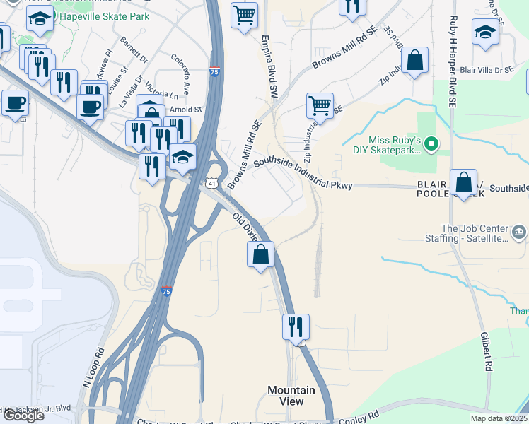map of restaurants, bars, coffee shops, grocery stores, and more near 3900 Crown Road Southeast in Atlanta