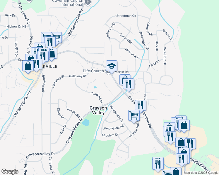 map of restaurants, bars, coffee shops, grocery stores, and more near 2347 Grayson Valley Circle in Birmingham