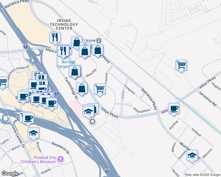 map of restaurants, bars, coffee shops, grocery stores, and more near Launch in Irvine