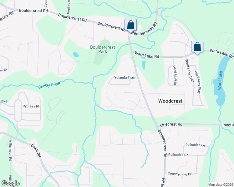 map of restaurants, bars, coffee shops, grocery stores, and more near 2472 Boulder Springs Point in Ellenwood