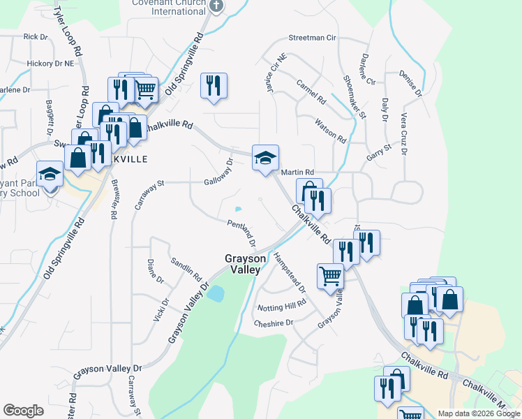 map of restaurants, bars, coffee shops, grocery stores, and more near 2350 Grayson Valley Circle in Birmingham
