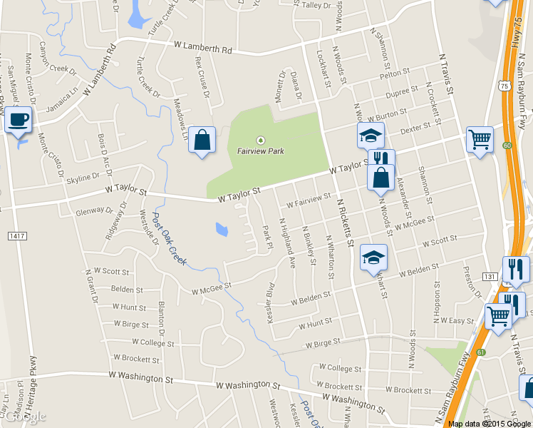 map of restaurants, bars, coffee shops, grocery stores, and more near 1805 Park Place in Sherman