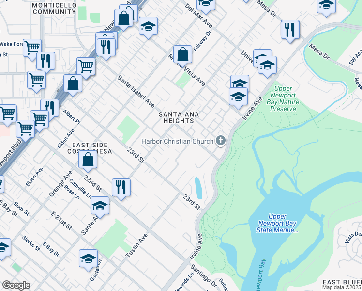 map of restaurants, bars, coffee shops, grocery stores, and more near 341 Peach Tree Lane in Newport Beach