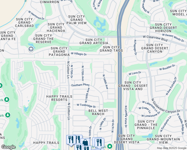 map of restaurants, bars, coffee shops, grocery stores, and more near 18348 North 169th Avenue in Surprise