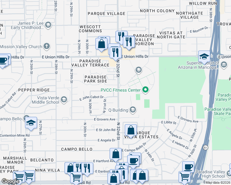 map of restaurants, bars, coffee shops, grocery stores, and more near 18039 North 31st Place in Phoenix