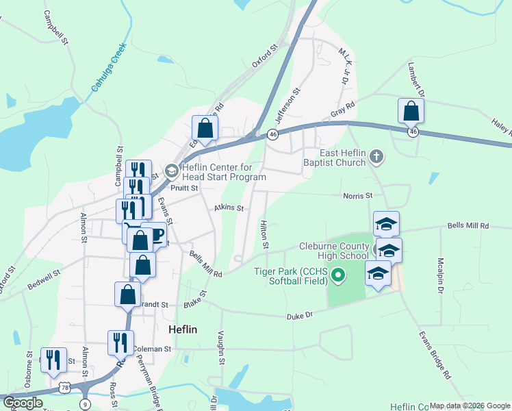 map of restaurants, bars, coffee shops, grocery stores, and more near 297 Bennett Street in Heflin