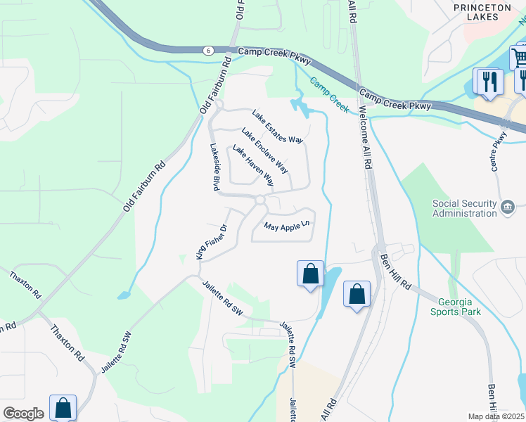 map of restaurants, bars, coffee shops, grocery stores, and more near 3882 Lake Manor Way in Atlanta